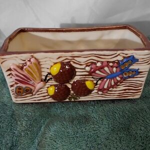 Decorative Ceramic Rectangular Planter - Pink & Brown Butterfly Design